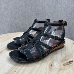 Indigo by Clarks Womens Black‎ Leather Gladiator Strappy Cork Wedge Sandals 8M